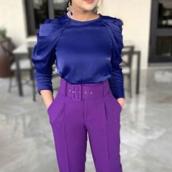 Zara Satin Effect Pleated Puff Shoulder Glossy  Blouse | XS | Royal Blue/Purple - Picture 2 of 16